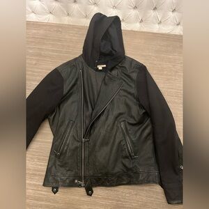 John Varvatos Lamb Skin Leather Biker Jacket With Fabrics Arms and Hood.